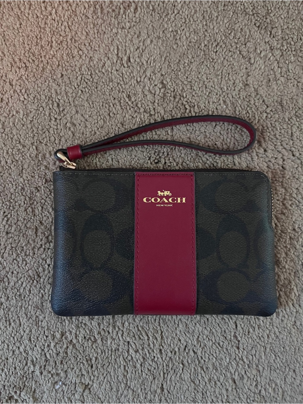 Coach Brown Signature Wristlet with Burgundy Center